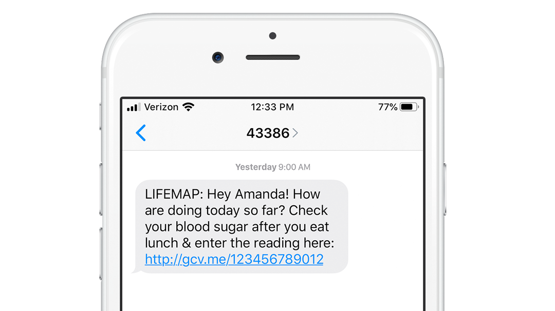 LIFEMAP™ Self Blood Glucose Reading Reminder Text Message on White Mobile Device